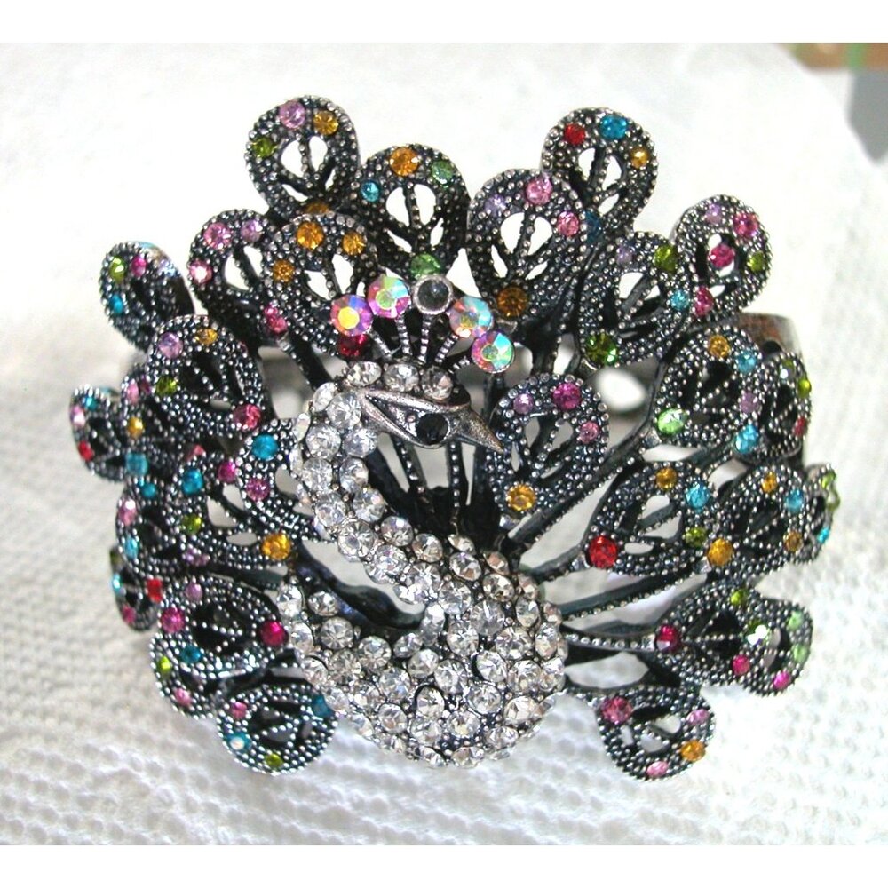 Vintage-Inspired Rhinestone Peacock Bracelet With Multicolor Gemstones & Adjusta